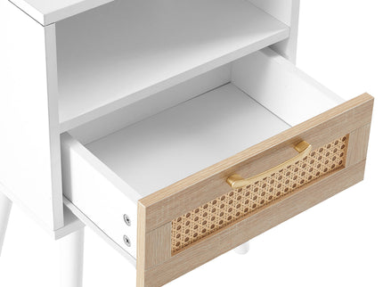 15.75" Rattan End Table With Power Outlet & USB Ports, Modern Nightstand With Drawer And Solid Wood Legs, Side Table For Living Room, Bedroom