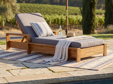 Chaise Lounge With Armrests, 2 Fold Cushion Set, 3 Position Adjustable Backrest, For Patio Pool - Dark Gray / Teak