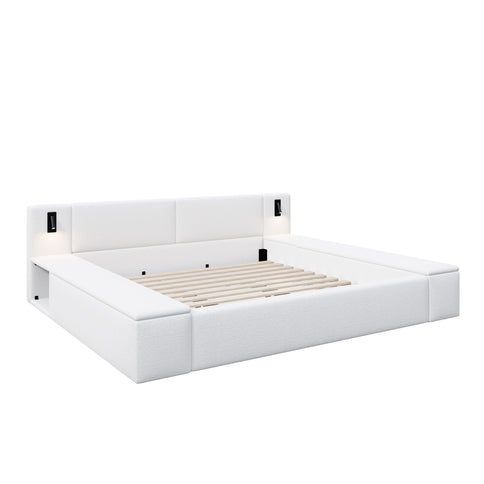 Upholstered Platform Bed Frame With Hidden Storage, Built-In Nightstands & LED Reading Lights