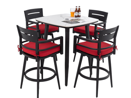 5 Pieces Outdoor Patio Bar Set, Rounded Square Sintered Stone Table & 4 Swivel Bar Chairs