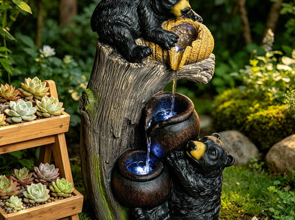 Bear Tree Stump Outdoor Water Fountain With LED Lights - Brown Gray