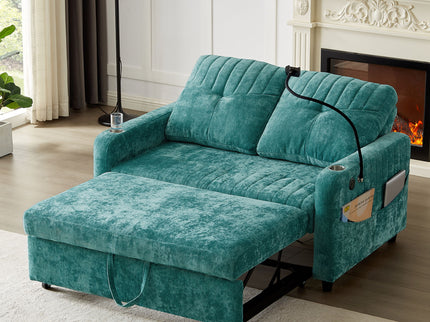 Modern Loveseat Pull Out Sofa Bed With Adjustable Backrest, Two Cup Holders, A Phone Holder, Three Charging Ports And Side Storage Pockets For Living Room