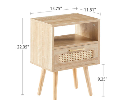 15.75" Rattan End Table With Drawer And Solid Wood Legs, Modern Nightstand, Side Table For Living Room, Bedroom