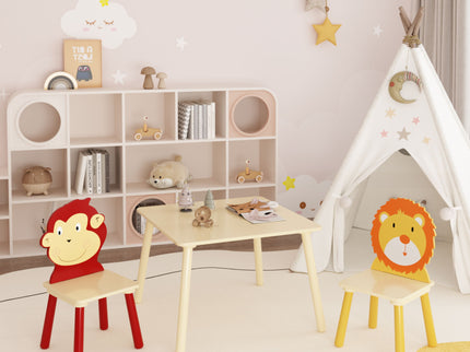 Kids Table And 2 Chairs Set, 3 Pieces Toddler Table And Chair Set, Wooden Activity Play Table Set (Lion&Monkey) - Natural