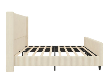 Upholstered Bed Frame With Vertical Stripe Wingback And High Footboard