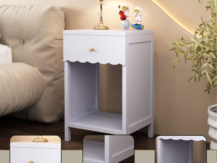 Nightstand With Drawer And Open Shelf, Scalloped Edge Bedside Table