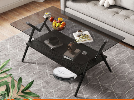 Rectangle Coffee Table With Tempered Glass Top And Shelf, Modern Table For Living Room