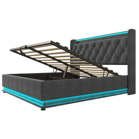 Upholstered Bed, 360 Surround LED Function, Remote Control, Hydraulic Storage Bed With USB, Type-C Charging (Without Mattress)