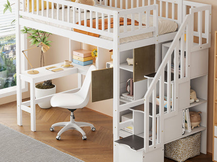 Loft Bed With Built In L Shaped Desk, LED Lights, Storage Shelves, Cabinets, And Staircase