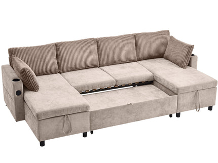Sectional Sofa Bed With Pull Out Sleeper, USB Ports, Cup Holders