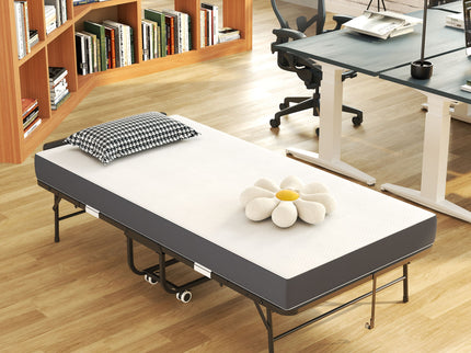 Twin Folding Bed With Adjustable Headboard, Memory Foam For Tall People, Heavy-Duty Portable On Wheels, Easy Assembly - Black