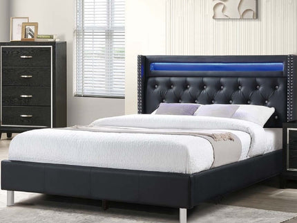 Modern Bed With LED Lights, Charging Port, Tufted Headboard