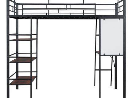 Loft Metal Bed With 3 Layers Of Shelves And Desk, Stylish Metal Frame Bed With board
