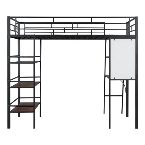 Loft Metal Bed With 3 Layers Of Shelves And Desk, Stylish Metal Frame Bed With board