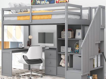 Loft Bed With L Shaped Desk, Drawers, Cabinet, And Storage Staircase