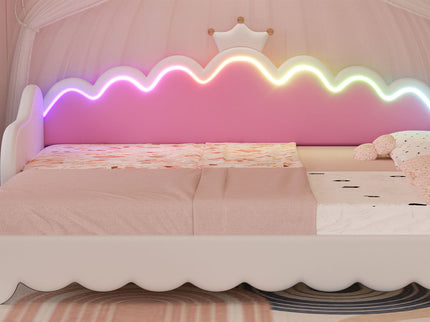 Extending Daybed With LED Lights, Modern Upholstered Princess Daybed With Crown Headboard