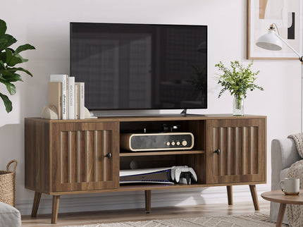 55" TV Cabinet With Vertical Groove Doors, Adjustable Shelves - Walnut