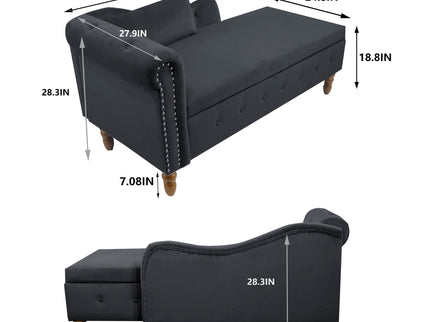 Chaise Lounge Indoor, Lounge Chair For Bedroom With Storage & Pillow, Modern Upholstered Rolled Arm Chase Lounge For Sleeping With Nailhead Trim For Living Room Bedroom Office