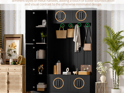 Tall Hall Tree With Shoe Storage, 4 In 1 Entryway Bench With 6 Cabinets, 4 Coat Hooks & Adjustable Shelf For Hallway - Black