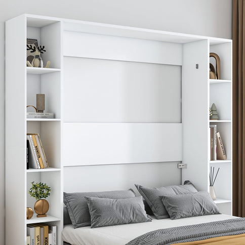 Queen Murphy Bed With Storage Cabinet, Foldable Wall Bed For Bedrooms - White