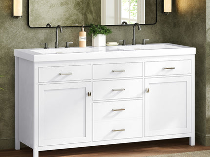 Double Sink Bathroom Vanity With Top, Soft Closing Doors & Drawers, Tip Out Drawer, 2 Cabinet Doors, Adjustable Shelf - White