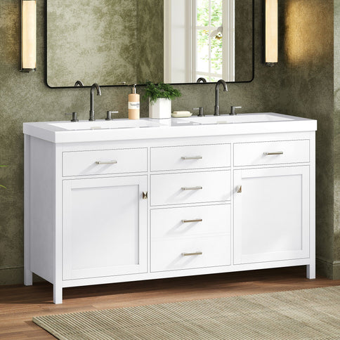 Double Sink Bathroom Vanity With Top, Soft Closing Doors & Drawers, Tip Out Drawer, 2 Cabinet Doors, Adjustable Shelf - White