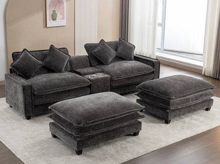 Modern Sectional Sofa With Removable Ottomans, USB Ports