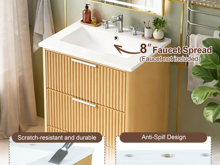 Bathroom Vanity With Sink, Open Shelf & Closed Storage - Natural Wood