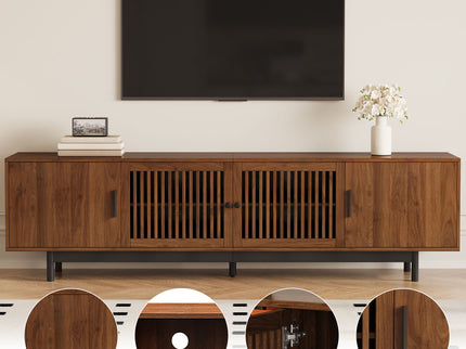 TV Stand, Media Console With Soft Closing Hinges, Adjustable Shelves, Slatted Doors - Walnut