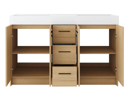 Double Sink Bathroom Vanity With 3 Drawers, Large Storage, Integrated Sink, Freestanding Cabinet, Soft Close Hardware - Glossy White / Light Oak
