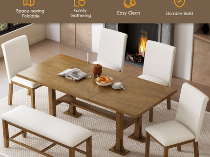 Topmax - 6 Piece Farmhouse Extendable Dining Table Set Trestle Kitchen Table Set With Removable Leaf And Upholstered Dining Chair And Bench For Dining Room