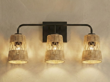 Moonlit - 3 Lights Wall Sconce With Shade, Bathroom Lighting Fixtures Over Mirror - Black / Rattan