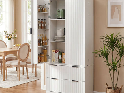 Fluted Kitchen Pantry Cabinet With 2 Large Drawers & 8 Door Spice Rack