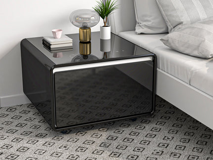 Modern Smart Side Table With Built-In Fridge, Wireless Charging, Temperature Control, Power Socket, USB Ports, Outlet Protection, Induction Light