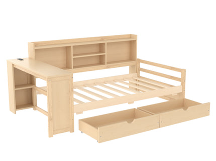 Corner Daybed With Storage Drawers, Desk, Charging Port & Bookcase