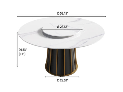 53.15" Modern Artificial Stone Round Panel Metal Iron Base Dining Table, Can Accommodate 6 People-23.62" Artificial Stone Turntable (Not Including Chairs) - White / Black