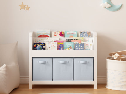 Bookshelf With 3 Tier Front Facing Storage And 3 Bins, Toddler Bookcase For Playroom - White