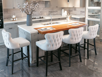 Contemporary Upholstered Wing-Back Barstools With Button Tufted Decoration And Wooden Legs, And Nailhead Trim, Leisure Style Bar Chairs, Bar Stools (Set of 2)