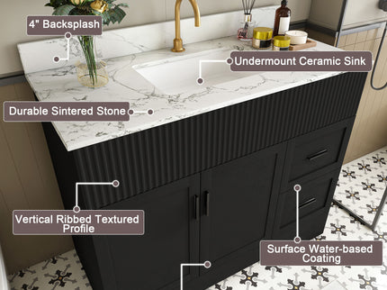 Bathroom Vanity Set, Fluted Cabinet, Soft Close Doors With Drawers, Single Faucet Hole, Sink Included - Black
