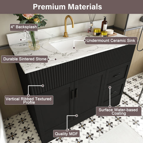 Bathroom Vanity Set, Fluted Cabinet, Soft Close Doors With Drawers, Single Faucet Hole, Sink Included - Black