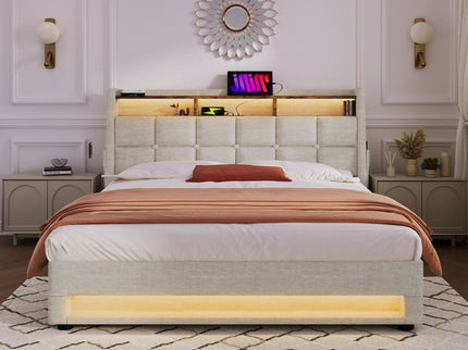 Platform Bed With Hydraulic Storage, LED Lighting & Charging Station