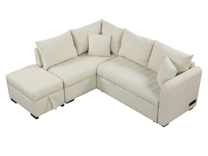 L-Shaped Sectional Pull Out Sofa Bed Sleeper Sofa With Two USB Ports, Two Power Sockets And A Movable Storage Ottoman