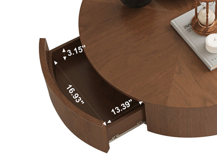 Drum Shaped Coffee Table With Hidden Storage Drawer, Low Profile For Living Room - Walnut