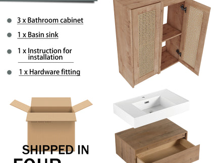 Modern Imitative Wall Mounted Bathroom Vanity With Resin Sink & 2 Side Cabinet, Soft Close Drawer - Imitative Oak