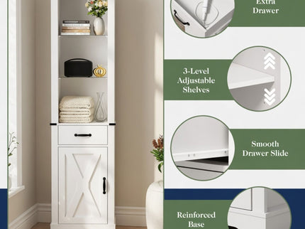 Pantry Cabinet With LED Lights And Barn Door With Tempered Glass Shelves - White