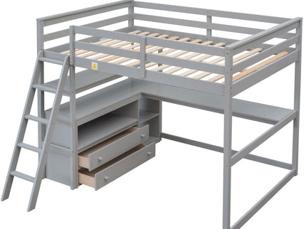 Modern Loft Bed With Built In Desk, Shelves, And 2 Drawers