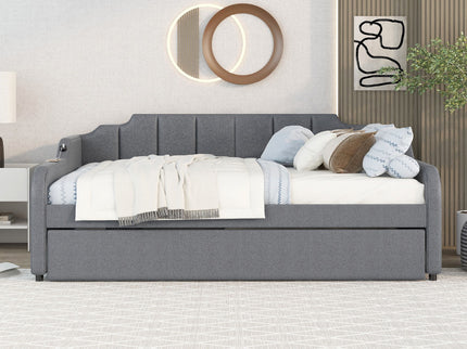 Full Size Upholstered Daybed With Trundle And USB Charging - Gray
