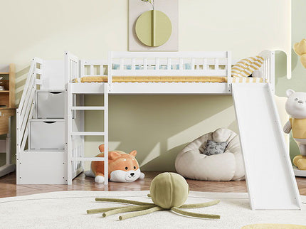 Loft Stairway Bed With 2 Drawers, Convertible Ladder And Slide