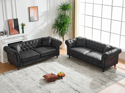 Chesterfield 3 And 3 Seater Sofa Set High Tech Fabric Roll Armrest Upholstered Couch