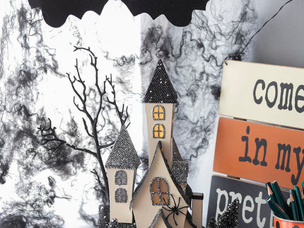Cardboard Lighted Haunted House, Tabletop Holiday Halloween Decor, Battery Powered - Beige / Black